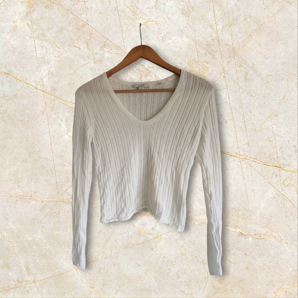 Vince Cream Ribbed V-Neck Long Sleeve Top